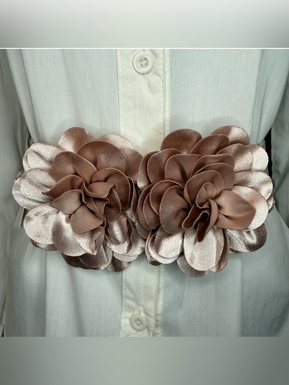 Nude statement satin double flower wide elastic waistband belt
